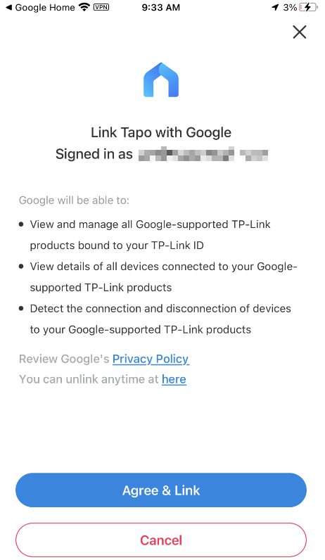 "Agree & Link" confirmation screen showing Google and Tapo app icons connected, with Third-Party Services permissions listed.