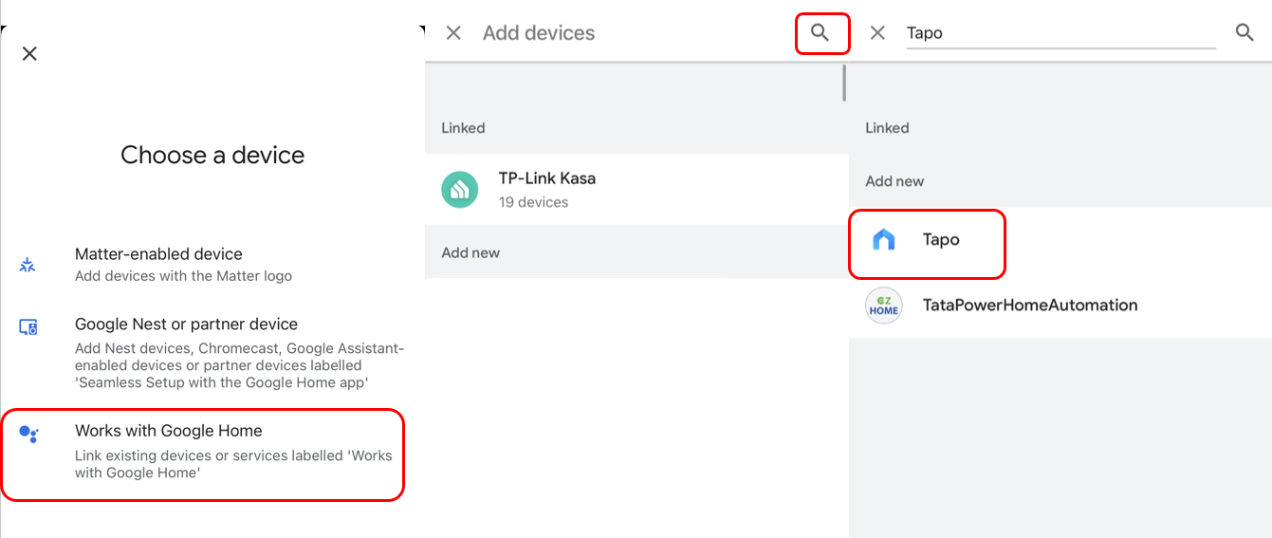 Google Home app screens showing the Add device menu with "Works with Google Home" option highlighted, then search results showing TP-Link Kasa (linked) and Tapo.