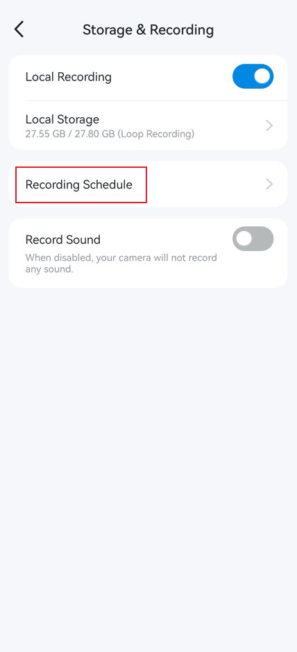 A screenshot showing the Storage and Recording screen with Recording Schedule highlighted.