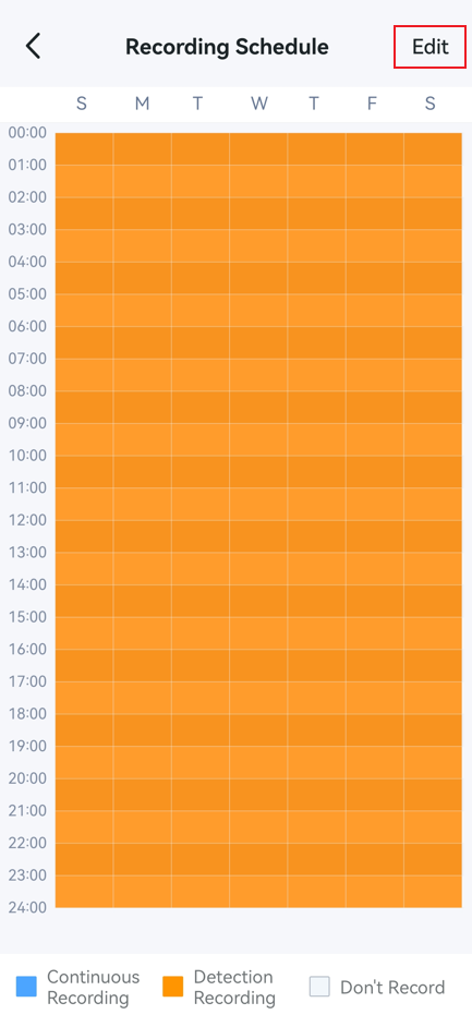 A screenshot showing the Recording Schedule weekly grid with time blocks filled in orange for Detection Recording.