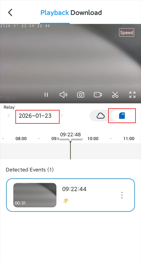 Playback and Download screen showing active video playback with timestamp, timeline scrubber, and a Detected Events clip below.