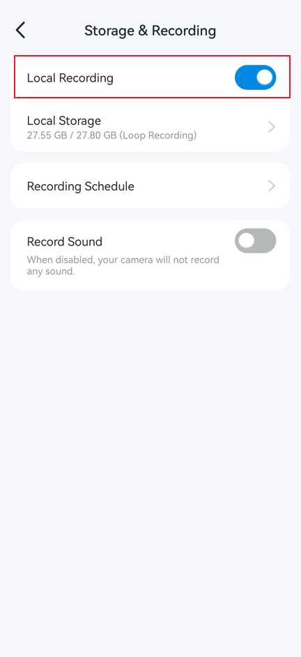The Storage and Recording screen with Local Recording toggle enabled in a red box.