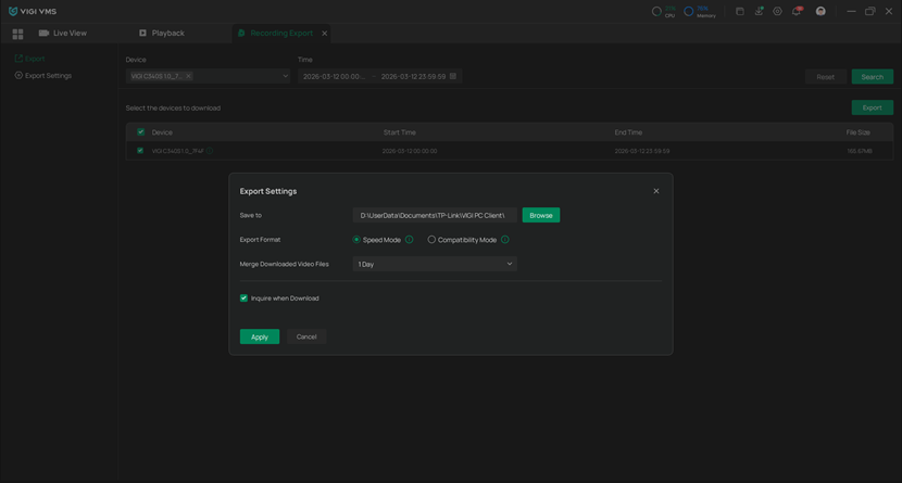 Display export settings page.