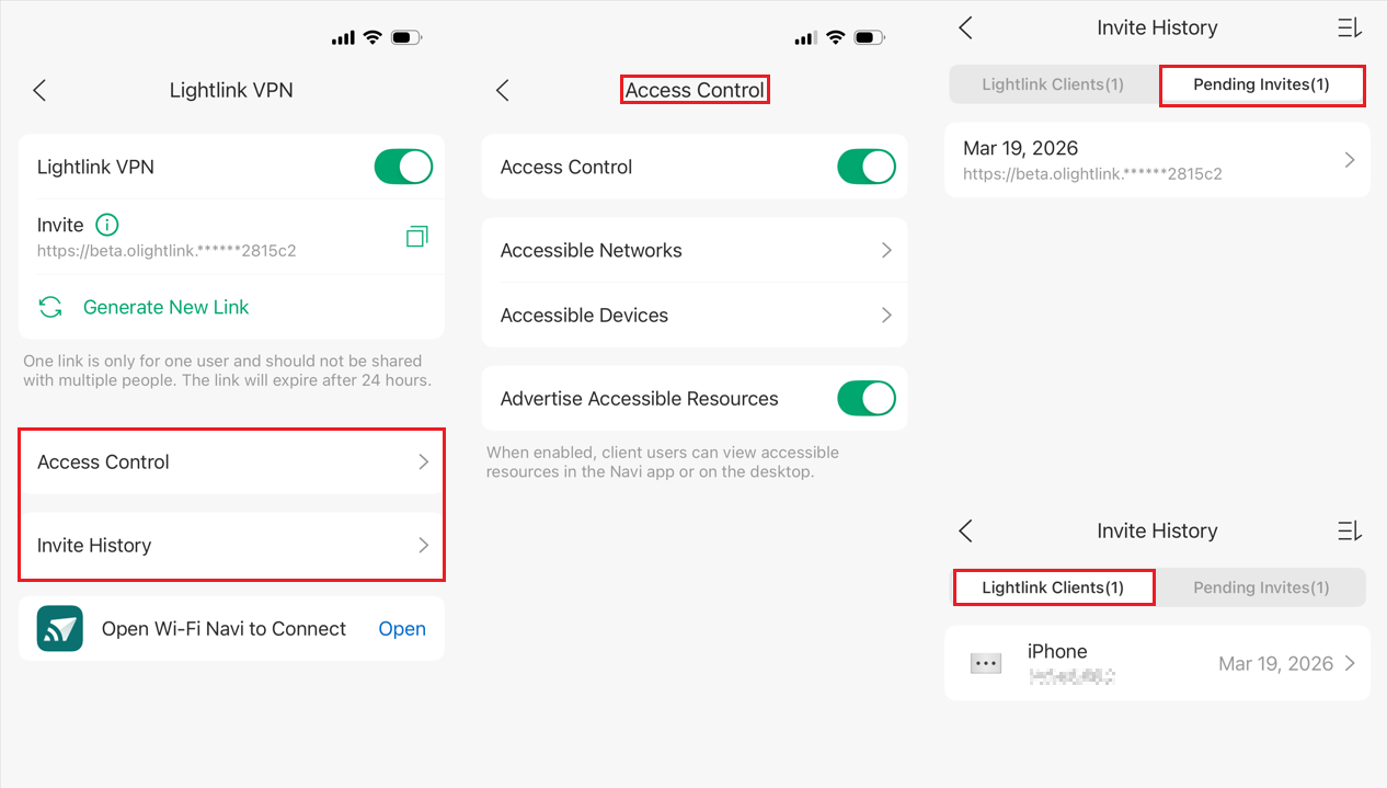 a screenshot showing the Access Control page and Invite History page.