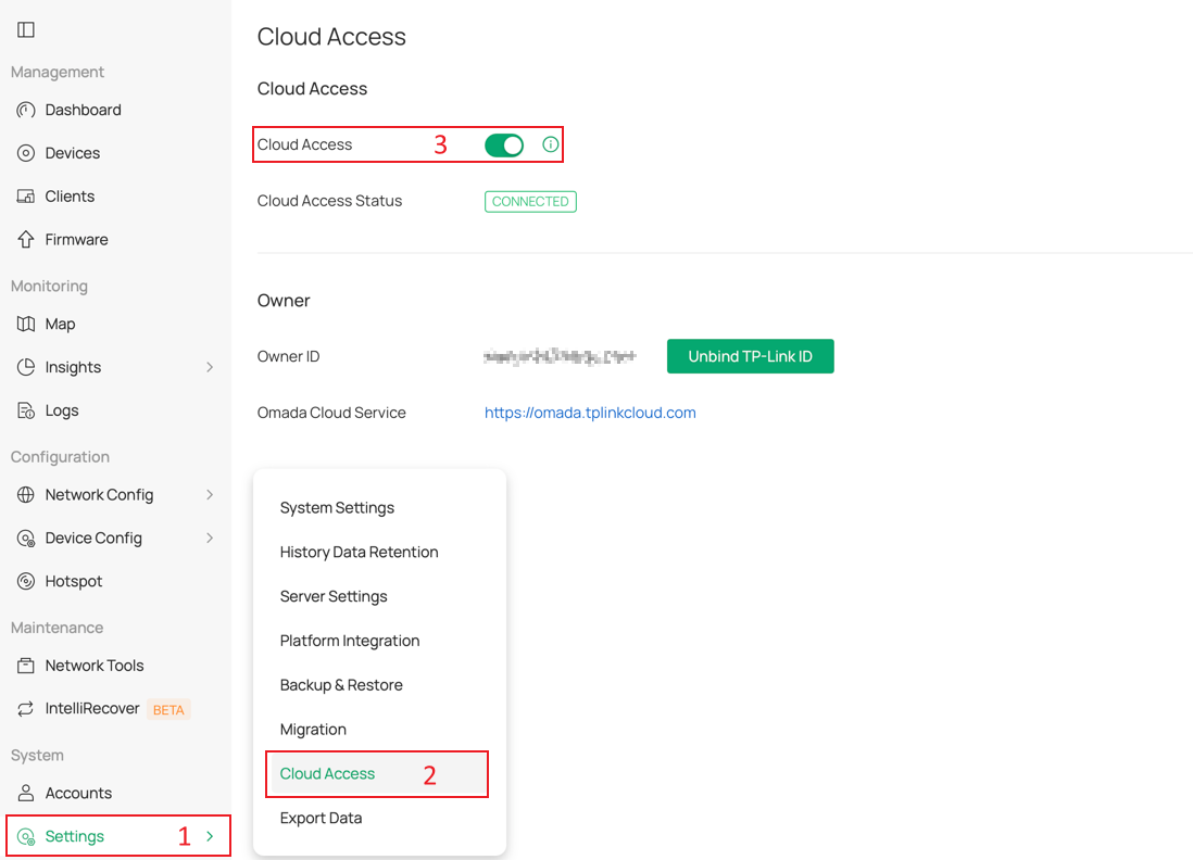a screenshot showing the path to Cloud Access.