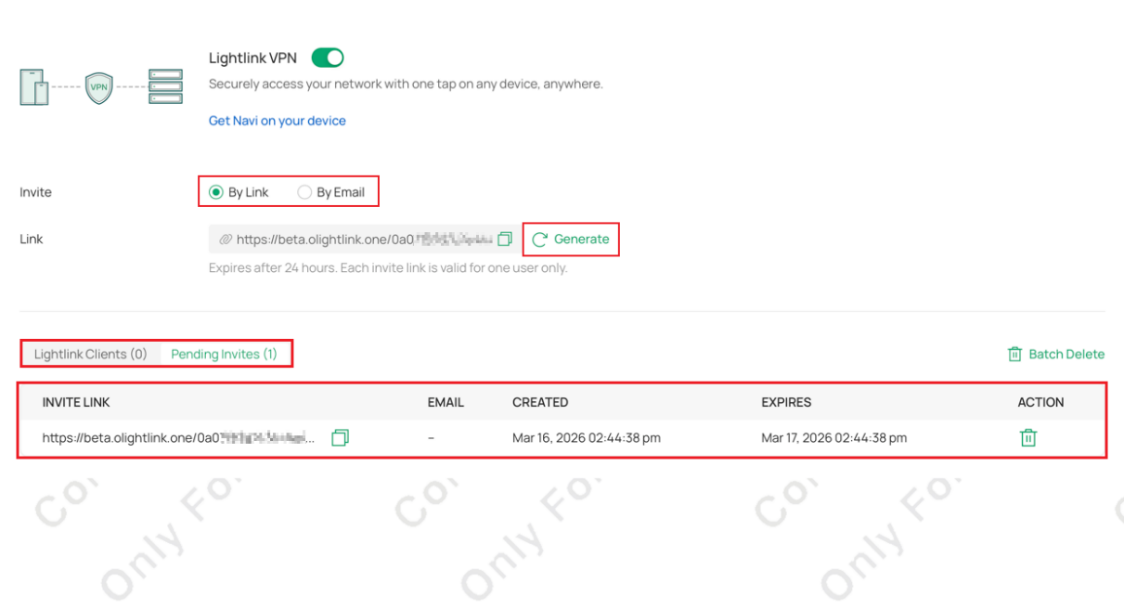 a screenshot showing how to generate a link to invite devices.