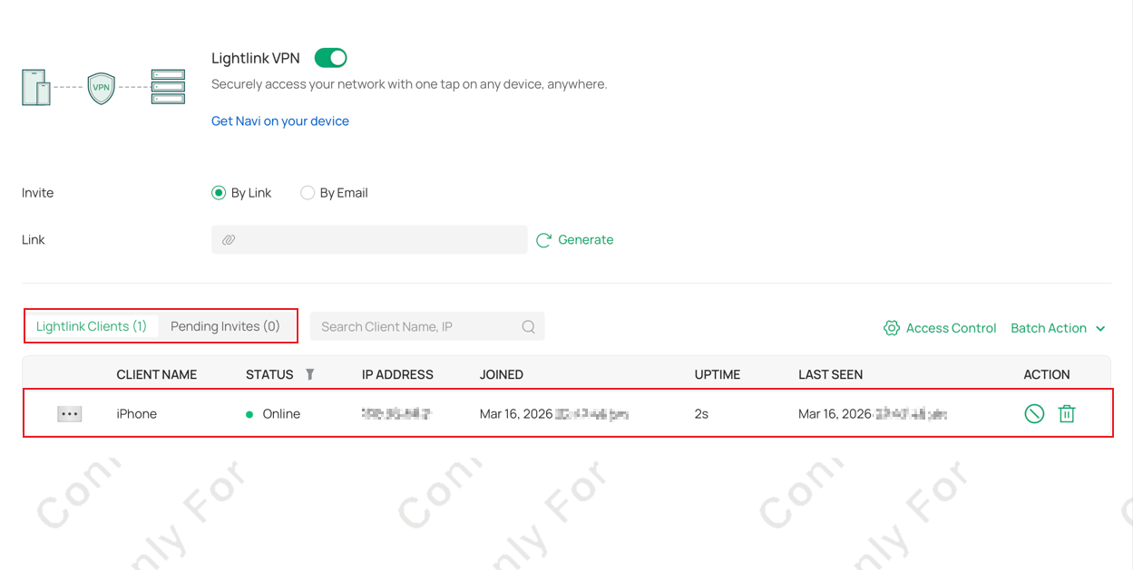 a screen shot showing new Clients entry in Lightlink VPN.