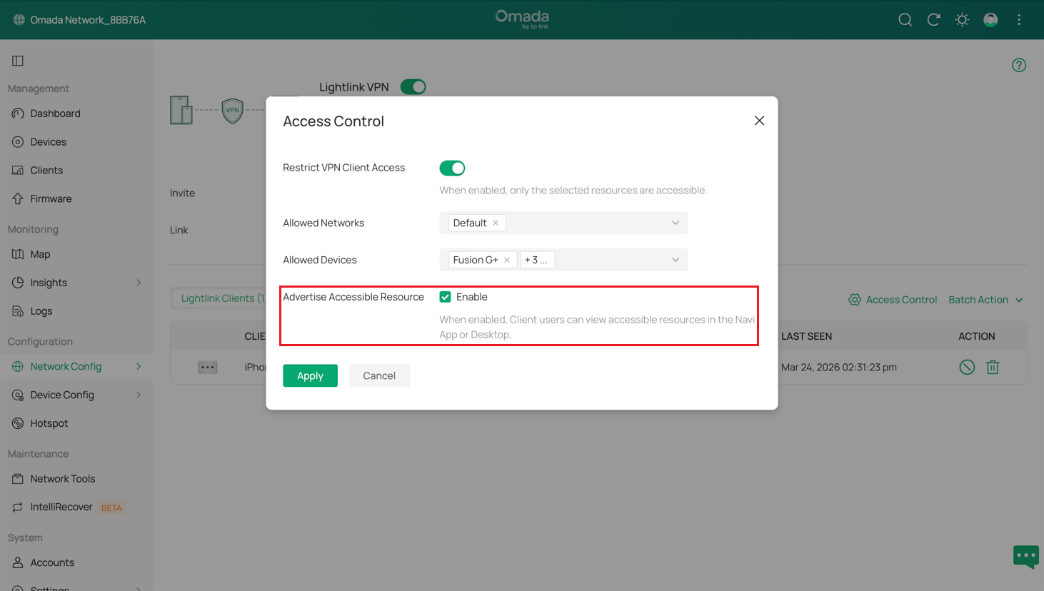 a screen shot showing the Access Control page.