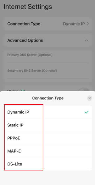 Display the connection type page.
