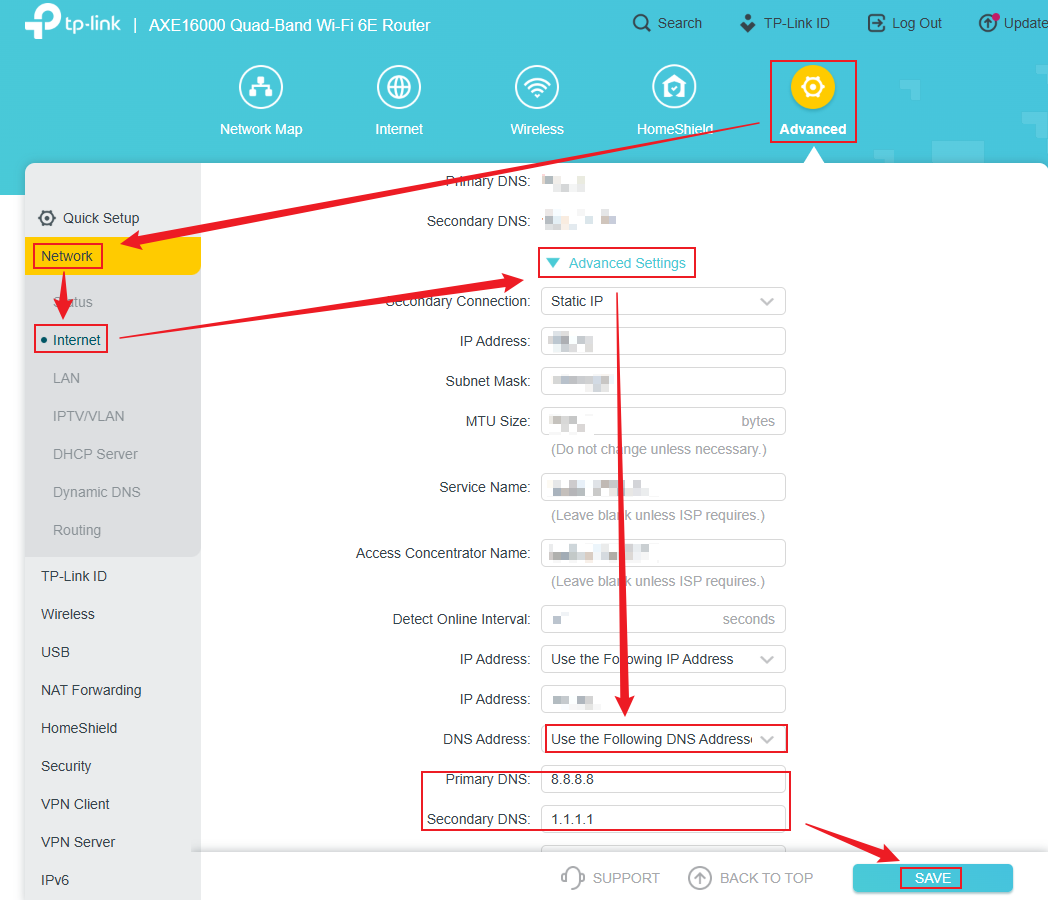 TP-Link router web management page showing the Advanced Settings section under Advanced > Network > Internet, with Primary DNS set to 8.8.8.8 and Secondary DNS set to 1.1.1.1, and the SAVE button highlighted.