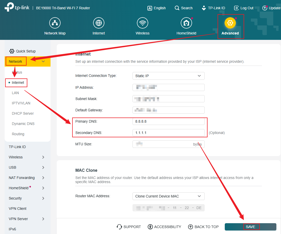 TP-Link router web management page showing Primary DNS set to 8.8.8.8 and Secondary DNS set to 1.1.1.1 directly under Advanced > Network > Internet, with the SAVE button highlighted.