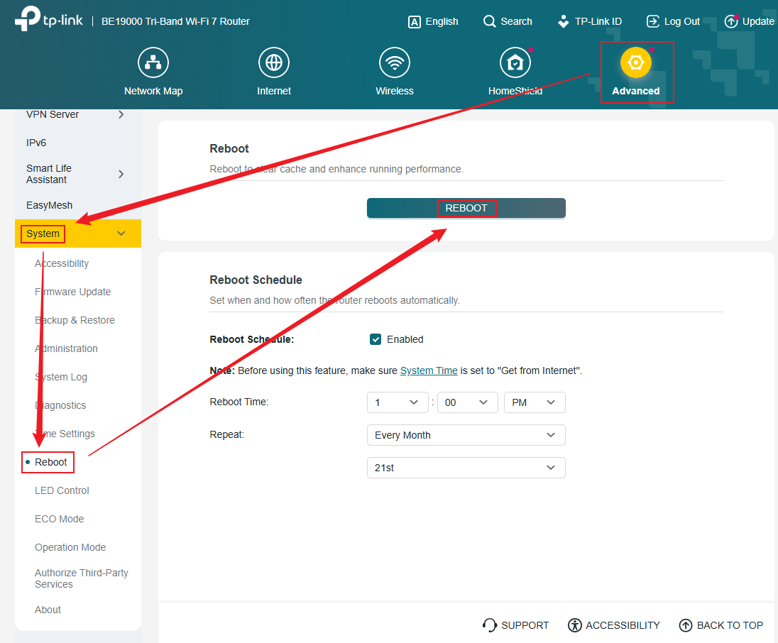TP-Link router web management page showing the Reboot section under Advanced > System > Reboot, with the REBOOT button highlighted.