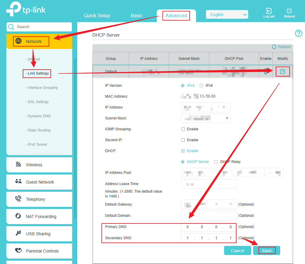 TP-Link DSL Modem Router web management page showing the LAN Settings DHCP Server table under Advanced > Network > LAN Settings, with the Modify icon highlighted.