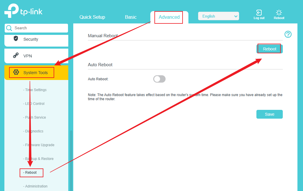 TP-Link DSL Modem Router web management page showing the Reboot option under System Tools, with the Reboot button highlighted.