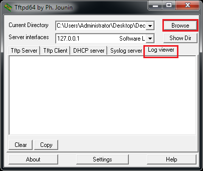 Screenshot of the tftpd64 application showing the Browse button highlighted and the Log Viewer tab selected. The current directory field shows the path to the Deco firmware folder.