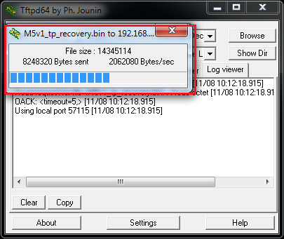 Screenshot of the tftpd64 Log Viewer window showing an active file transfer in progress, with the file M5v1_tp_recovery.bin being sent to 192.168.0.66. A progress bar and transfer stats are visible.