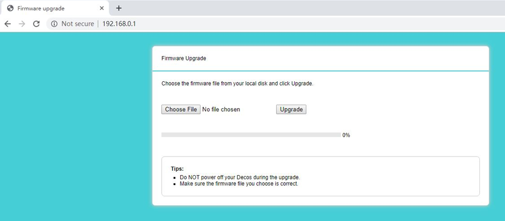 Screenshot of the firmware recovery page at 192.168.0.1 showing the "Firmware Upgrade" interface with a Choose File button, an Upgrade button, a 0% progress bar, and tips advising not to power off during upgrade.