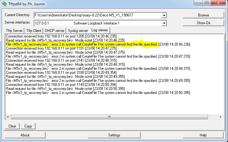 Screenshot of the tftpd64 Log Viewer window showing a file name error message — the highlighted line reads that the system cannot find the file specified.