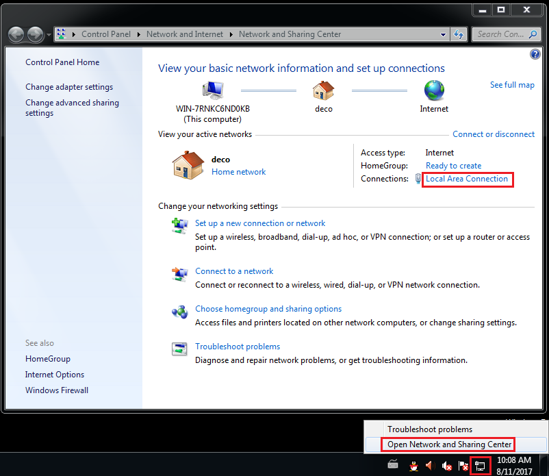 Screenshot of the Windows Network and Sharing Center showing an active "deco" home network with a Local Area Connection highlighted in the Connections field.