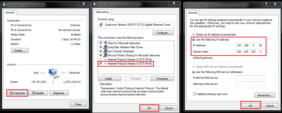 Screenshot of the Local Area Connection Status window, the Local Area Connection Properties window, and the Internet Protocol Version 4 properties window side by side, showing the IP address set to 192.168.0.66 and subnet mask set to 255.255.255.0.