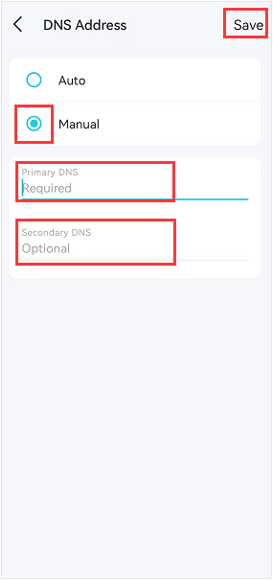 Deco app DNS Address screen with Manual selected and DNS entry fields.