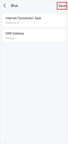 Deco app IPv4 screen confirming DNS Address set to Manual with Save button.