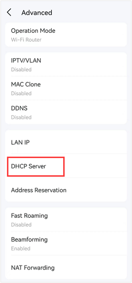 Deco app Advanced menu.