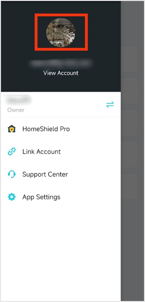 Deco app home screen showing the hamburger menu icon highlighted in red (top left), with a side panel open showing the profile icon and View Account option.
