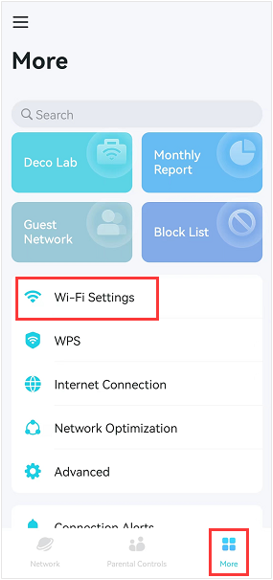 Deco app More menu screen showing Wi-Fi Settings option highlighted with a red box, along with other menu items including WPS, Internet Connection, Network Optimization, Advanced, and Connection Alerts. The More tab is selected in the bottom navigation bar.