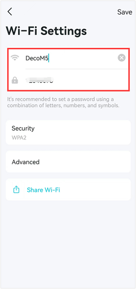 Deco app Wi-Fi Settings page showing editable fields for Wi-Fi name (DecoM5) and password, with Security set to WPA2, an Advanced section, and a Share Wi-Fi option. A red box highlights the name and password fields.