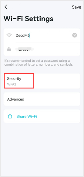 Deco app showing the Wi-Fi Settings page with the Security field highlighted in a red box.