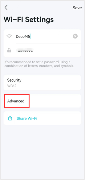 Deco app showing the Wi-Fi Settings page with the Advanced section highlighted in a red box.