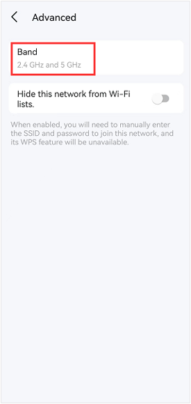 Deco app showing the Advanced settings panel showing Band set to 2.4 GHz and 5 GHz, and the Hide this network from Wi-Fi lists toggle.