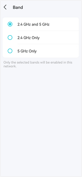 Deco app showing the Band with 2.4GHz and 5GHz, 2.4GHz only and 5GHz only.