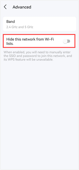 Deco app Advanced settings screen showing the Hide this network from Wi-Fi lists toggle highlighted in a red box.