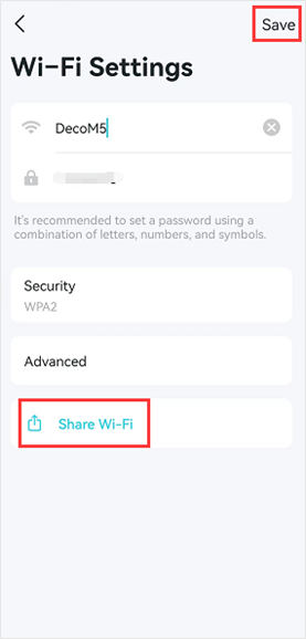 Deco app Wi-Fi Settings page with the Save button highlighted in a red box in the top right corner, showing fields for Wi-Fi name, password, Security, Advanced, and Share Wi-Fi.