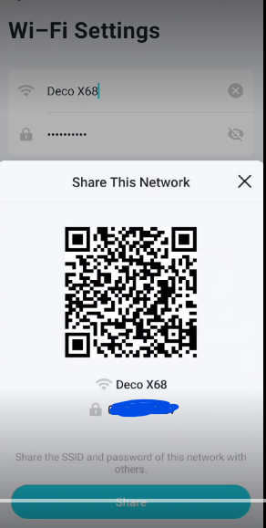 Deco app showing the Wi-Fi Settings page on the left with the Share Wi-Fi option highlighted in a red box, and a Share This Network overlay on the right displaying a QR code, the network name (Deco X68), and a blurred password, with a Share button at the bottom.