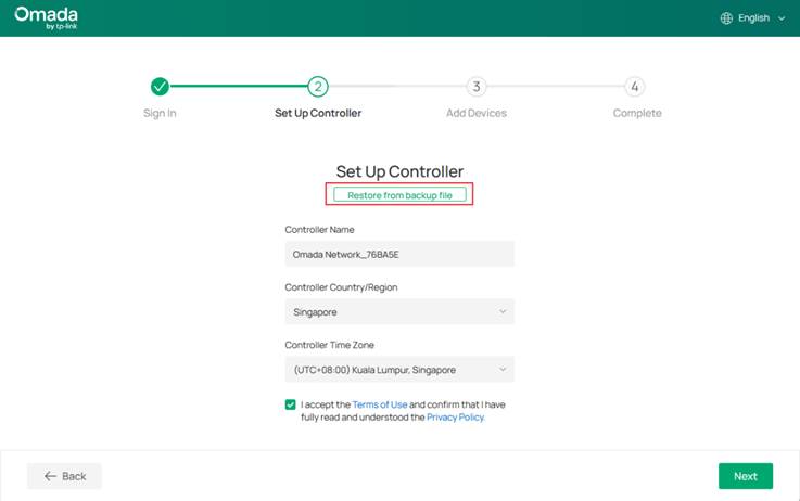 A screen shot showing the set up controller page and highlight the restore button.