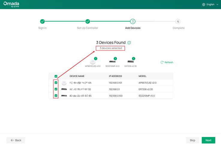 A screen shot showing the add devices page.