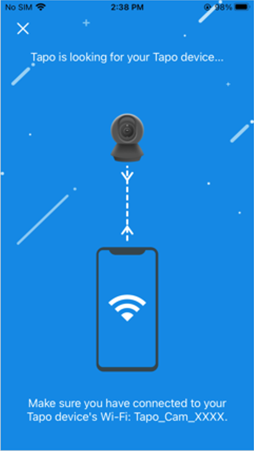 Tapo app screen showing the camera search animation with a phone and camera connecting wirelessly.