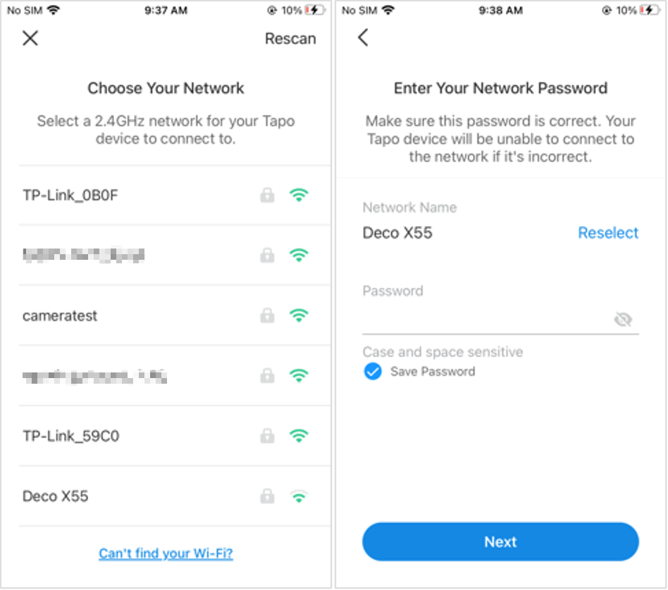 Tapo app Choose Your Network screen showing available 2.4GHz networks, next to the Enter Your Network Password screen.