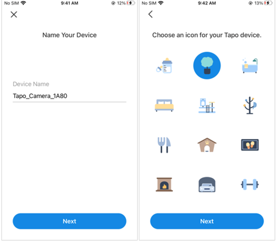 Tapo app Name Your Device screen with a sample device name entered, next to the icon selection screen.