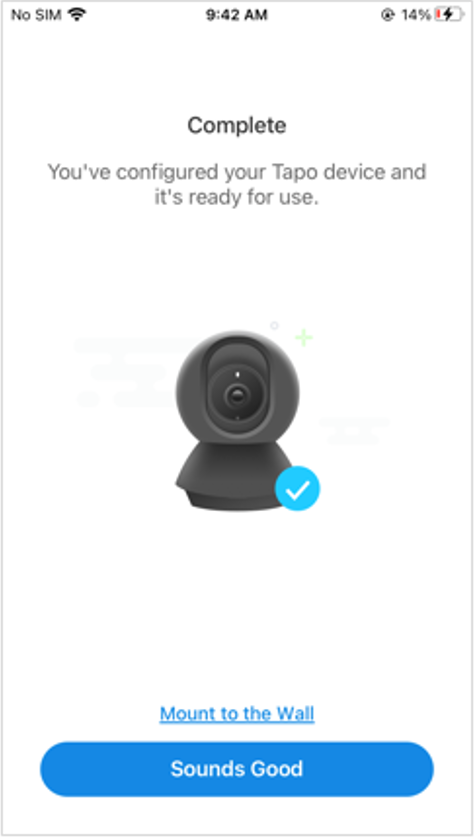 Tapo app Complete screen with camera icon and checkmark confirming successful camera setup.