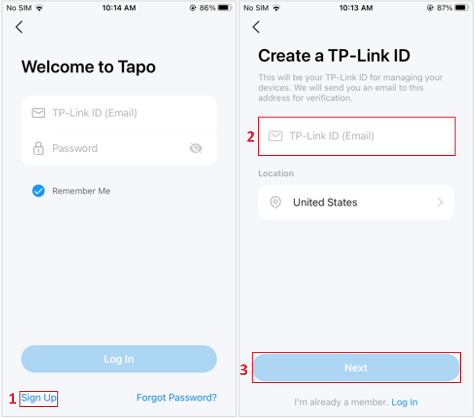 Tapo app login screen with TP-Link ID and password fields, with Sign Up option highlighted.