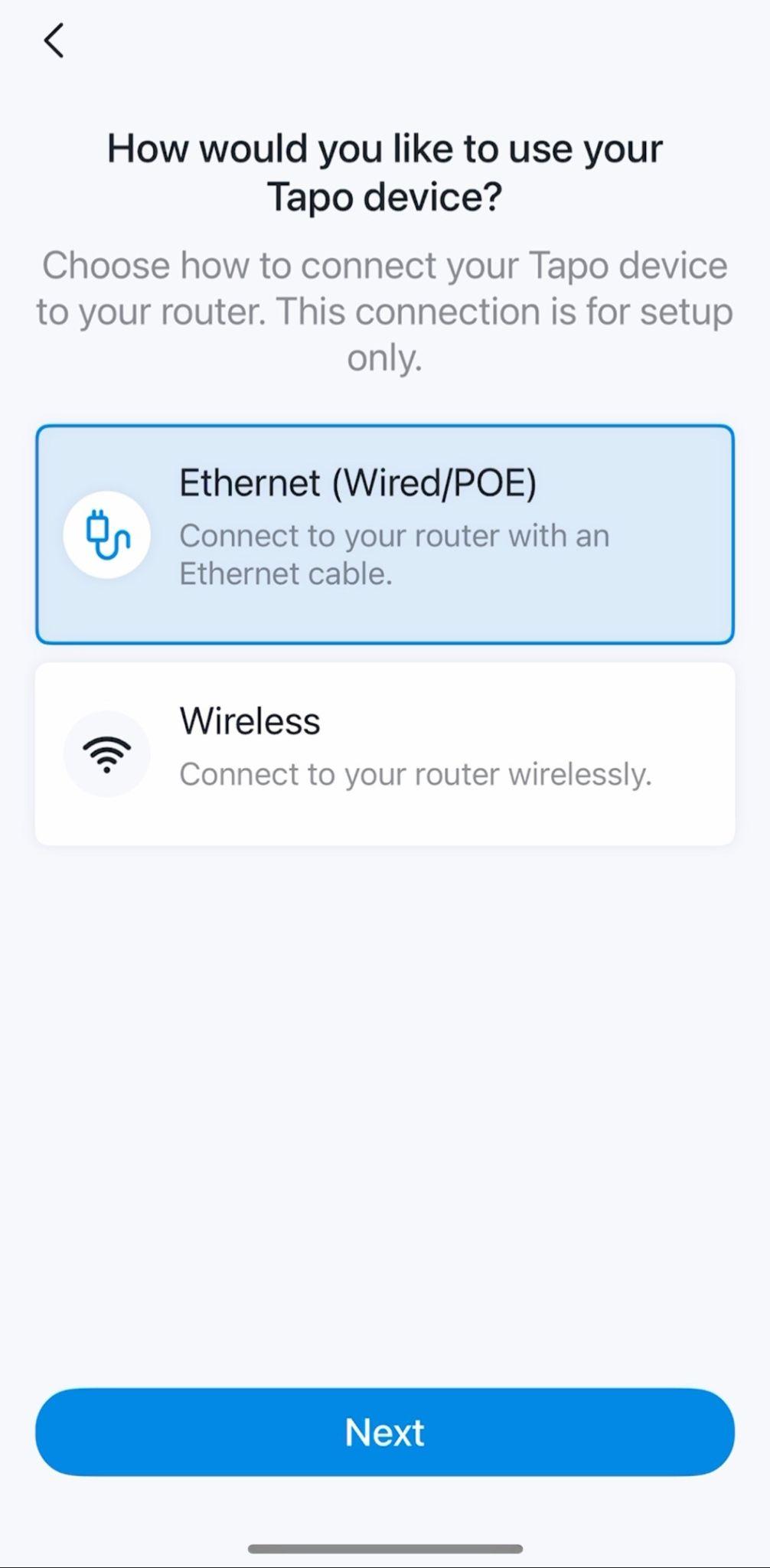 Tapo app screen asking how to connect the device, with Ethernet (Wired/POE) and Wireless options shown.