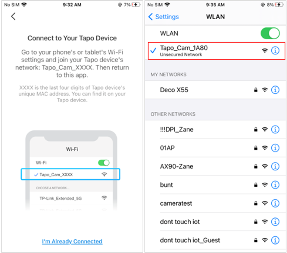 iPhone WLAN settings screen showing Tapo_Cam_XXXX network selected, next to the Tapo app Connect to Your Tapo Device screen.