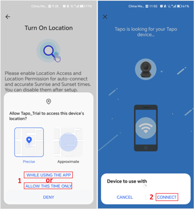 Android Turn On Location screen next to the Tapo app searching for the Tapo device, with a Connect button shown.