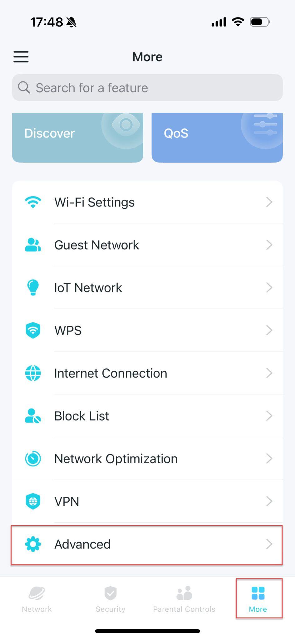 Deco app screenshot showing the More menu on the left with Advanced highlighted.