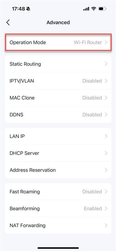 Advanced settings screen on the right with Operation Mode highlighted and set to Wi-Fi Router.