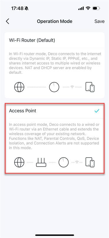 Deco app screenshot showing the Operation Mode screen which shows Access Point selected.